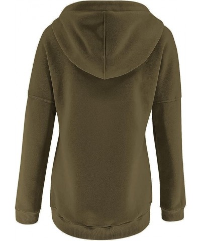 Hooded Long Drawstring Pocket For Womens Sleeve Down Hoodies Neck Sweatshirts Pullover Long Zip Sweatshirt Hoodie Army Green-...