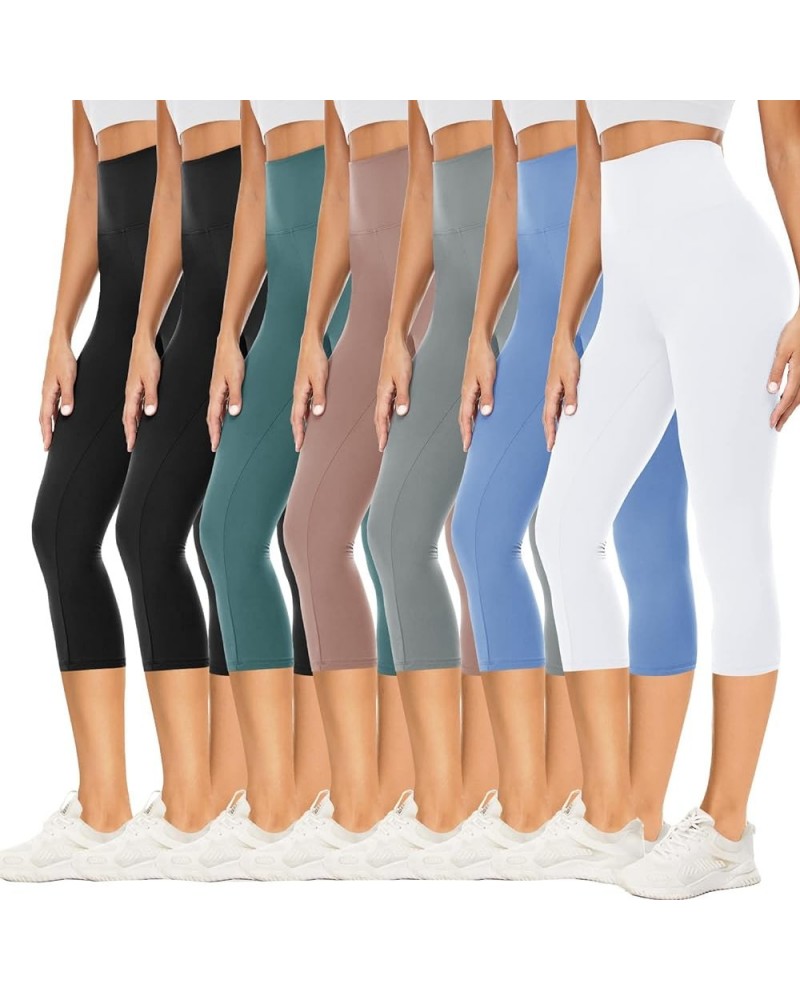 7 Pack Capri Leggings for Women, High Waisted Black Soft Workout Yoga Pants Black*2/ Ins Green/ Complexion/ Sky Blue/ Light G...