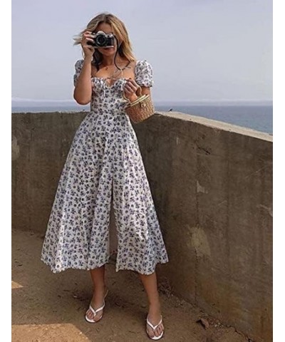 Women's Puff Sleeve Floral Maxi Dress Elegant Square Neck Cottagecore Boho Split Long Dresses Blue $23.65 Dresses