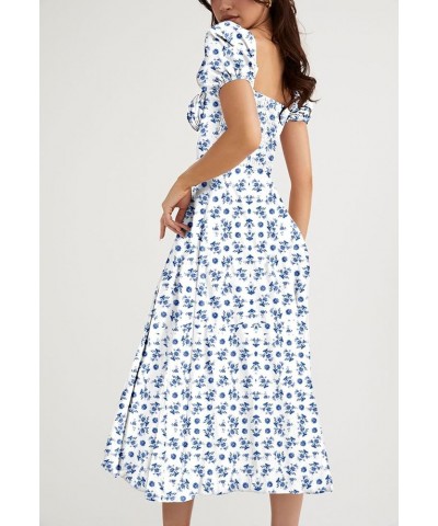 Women's Puff Sleeve Floral Maxi Dress Elegant Square Neck Cottagecore Boho Split Long Dresses Blue $23.65 Dresses