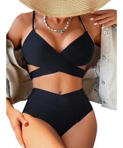 Sexy Wrap Cutout Color Block Bikini High Cut Brazilian Swimsuit Set 2 Piece Criss Cross Black $19.46 Swimsuits