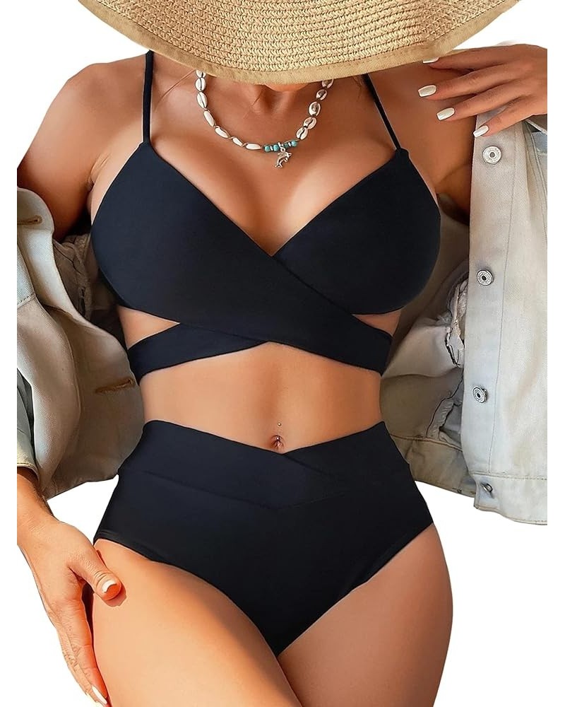 Sexy Wrap Cutout Color Block Bikini High Cut Brazilian Swimsuit Set 2 Piece Criss Cross Black $19.46 Swimsuits