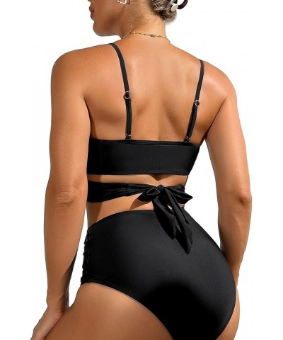 Sexy Wrap Cutout Color Block Bikini High Cut Brazilian Swimsuit Set 2 Piece Criss Cross Black $19.46 Swimsuits