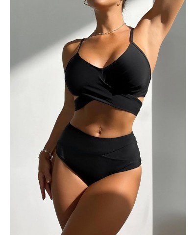 Sexy Wrap Cutout Color Block Bikini High Cut Brazilian Swimsuit Set 2 Piece Criss Cross Black $19.46 Swimsuits