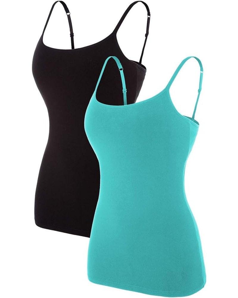 Women's Cotton Camisole Tank Top with Shelf Bra Spaghetti Strap Basic Cami Undershirt 2 Pack Aqua/Black 2 Pack $16.49 Tanks