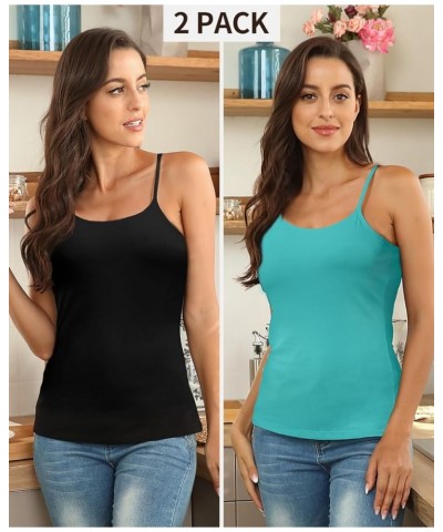 Women's Cotton Camisole Tank Top with Shelf Bra Spaghetti Strap Basic Cami Undershirt 2 Pack Aqua/Black 2 Pack $16.49 Tanks