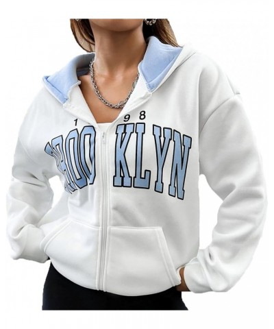 Women Letter Graphic Print Zip Up Hoodie Color Block Pocket Front Long Sleeve Drop Shoulder Casual Zipper Hooded Blue $18.80 ...