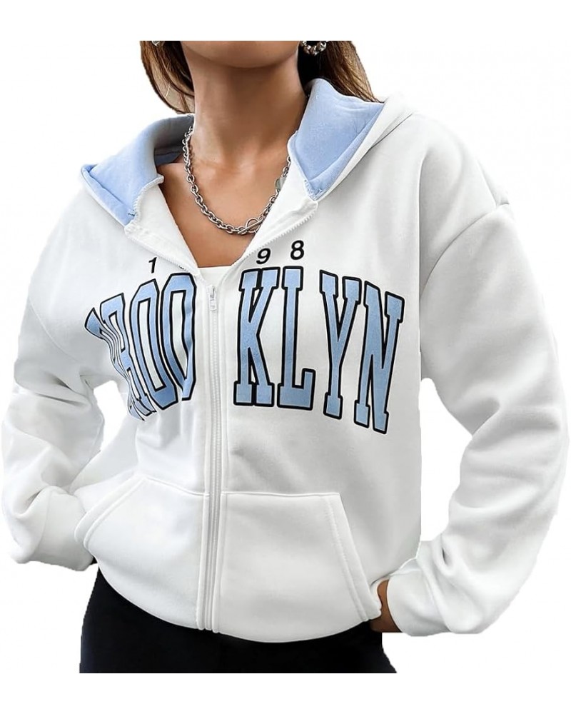 Women Letter Graphic Print Zip Up Hoodie Color Block Pocket Front Long Sleeve Drop Shoulder Casual Zipper Hooded Blue $18.80 ...