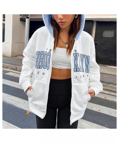 Women Letter Graphic Print Zip Up Hoodie Color Block Pocket Front Long Sleeve Drop Shoulder Casual Zipper Hooded Blue $18.80 ...