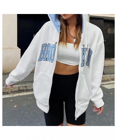 Women Letter Graphic Print Zip Up Hoodie Color Block Pocket Front Long Sleeve Drop Shoulder Casual Zipper Hooded Blue $18.80 ...