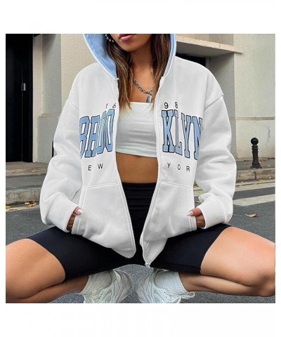 Women Letter Graphic Print Zip Up Hoodie Color Block Pocket Front Long Sleeve Drop Shoulder Casual Zipper Hooded Blue $18.80 ...