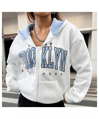 Women Letter Graphic Print Zip Up Hoodie Color Block Pocket Front Long Sleeve Drop Shoulder Casual Zipper Hooded Blue $18.80 ...