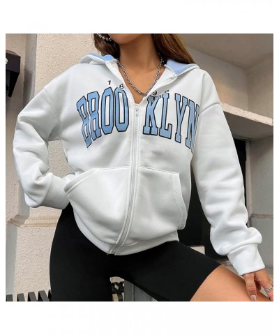 Women Letter Graphic Print Zip Up Hoodie Color Block Pocket Front Long Sleeve Drop Shoulder Casual Zipper Hooded Blue $18.80 ...