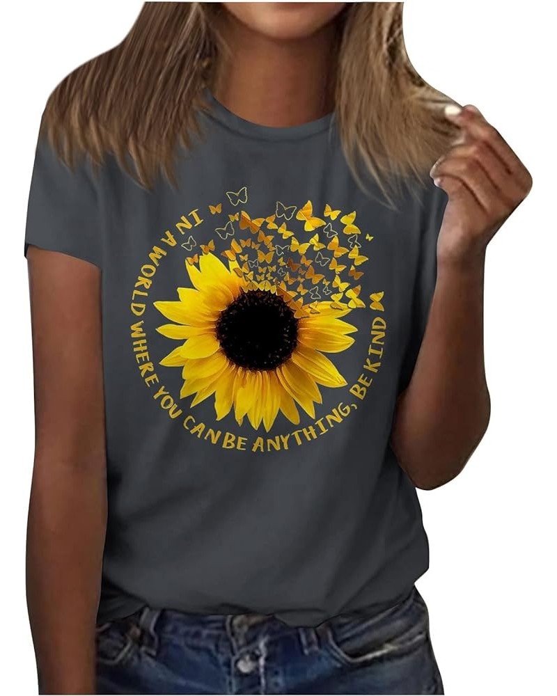 Tshirts Shirts for Women Summer Dandelion Print Solid Trendy Tops Short Sleeve Crewneck Spring Blouses Comfy Sexy S24-dark Gr...