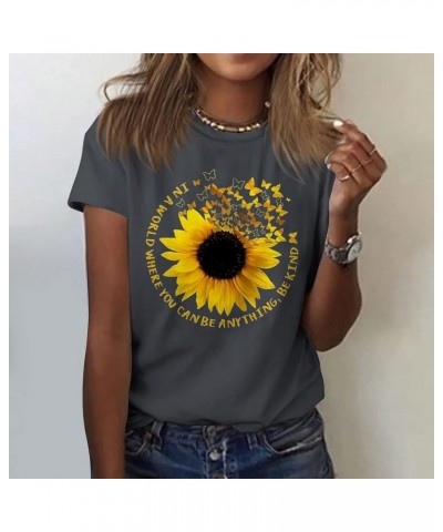 Tshirts Shirts for Women Summer Dandelion Print Solid Trendy Tops Short Sleeve Crewneck Spring Blouses Comfy Sexy S24-dark Gr...