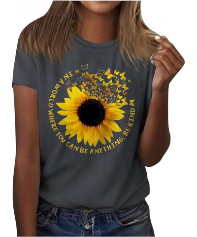 Tshirts Shirts for Women Summer Dandelion Print Solid Trendy Tops Short Sleeve Crewneck Spring Blouses Comfy Sexy S24-dark Gr...