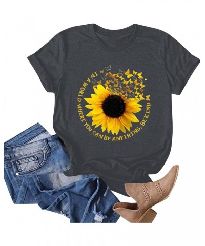 Tshirts Shirts for Women Summer Dandelion Print Solid Trendy Tops Short Sleeve Crewneck Spring Blouses Comfy Sexy S24-dark Gr...