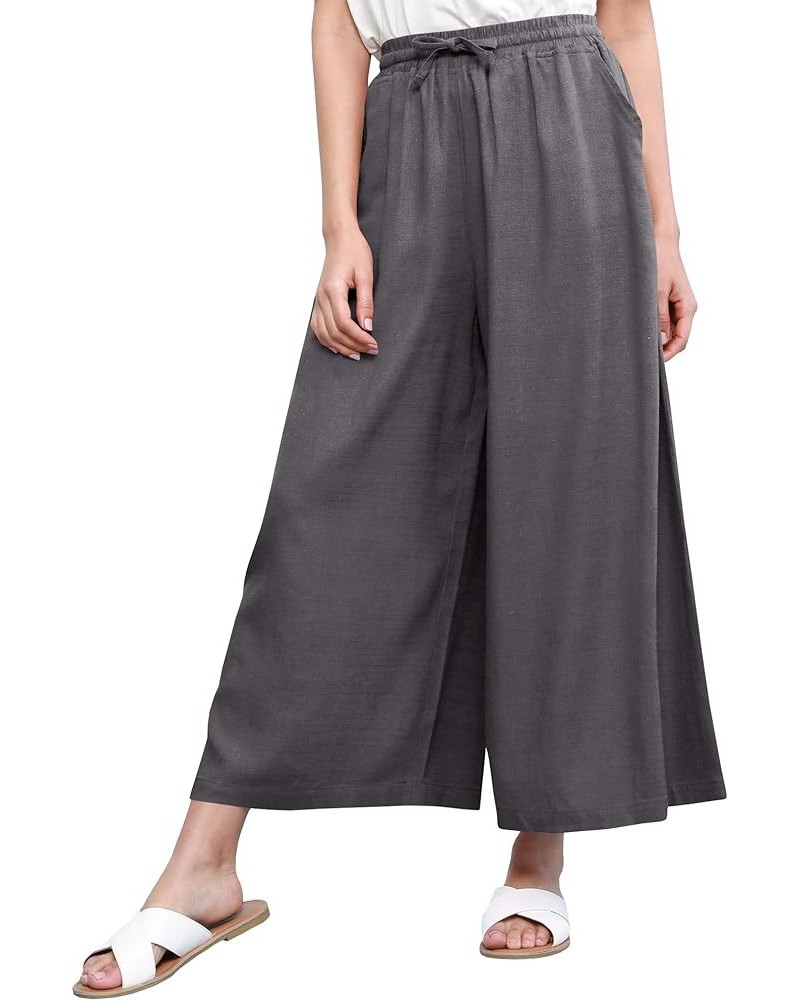 Women's Washed Linen Casual Loose Wide Leg Pants Pocket with Draw String Wb2283_dark_grey $14.51 Pants