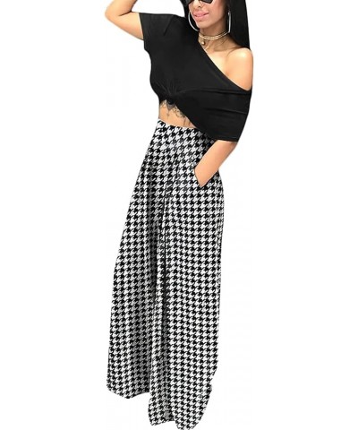 Women's Stretchy Solid Wide Leg Palazzo Casual Lounge Pants with Pockets Houndstooth/Black $15.50 Pants