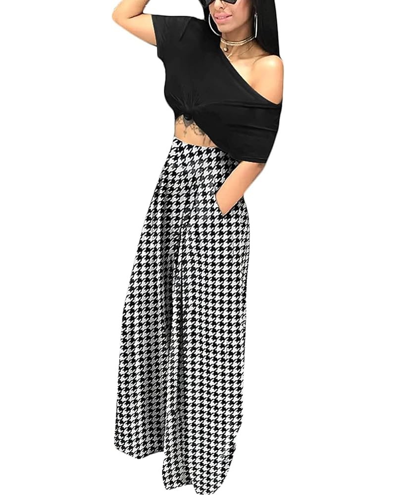 Women's Stretchy Solid Wide Leg Palazzo Casual Lounge Pants with Pockets Houndstooth/Black $15.50 Pants