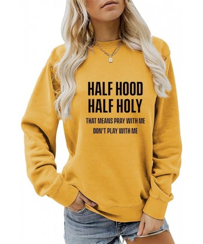 Half Hood Half Holy Sweatshirt Women Ladies Casual Crewneck Long Sleeve Pullover Tops Tee Shirt 2023 Yellow 2 $16.42 Hoodies ...