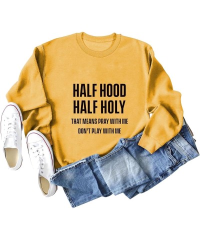 Half Hood Half Holy Sweatshirt Women Ladies Casual Crewneck Long Sleeve Pullover Tops Tee Shirt 2023 Yellow 2 $16.42 Hoodies ...