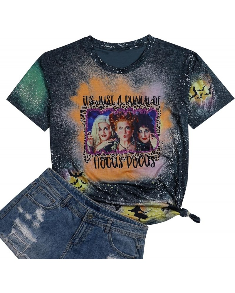 It's Just A Bunch of Hocus Pocus T-Shirt Women Sanderson Sisters Graphic Tee Shirt Funny Halloween Bleached Tops Dark Gray $7...