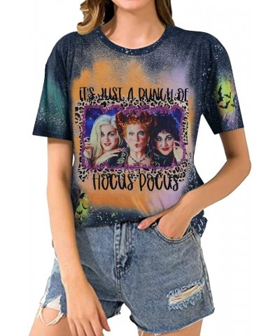 It's Just A Bunch of Hocus Pocus T-Shirt Women Sanderson Sisters Graphic Tee Shirt Funny Halloween Bleached Tops Dark Gray $7...