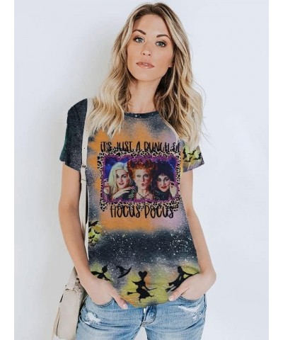 It's Just A Bunch of Hocus Pocus T-Shirt Women Sanderson Sisters Graphic Tee Shirt Funny Halloween Bleached Tops Dark Gray $7...