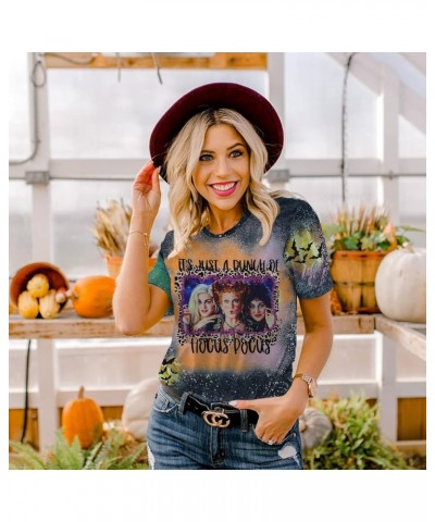 It's Just A Bunch of Hocus Pocus T-Shirt Women Sanderson Sisters Graphic Tee Shirt Funny Halloween Bleached Tops Dark Gray $7...