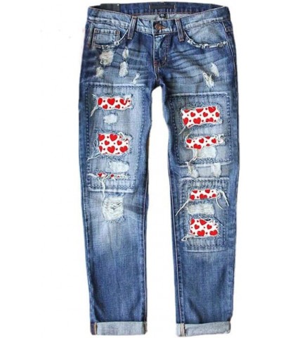 Women's Ripped Jeans Loose Fit Mid Waisted Boyfriend Distressed Stretchy Denim Pants with Pockets Red Heart $22.54 Jeans