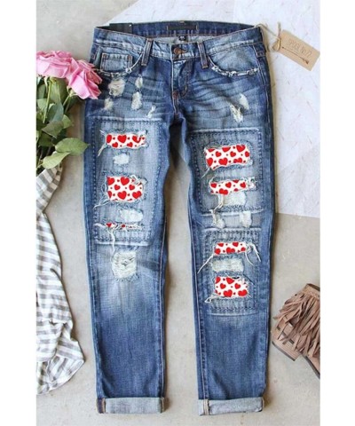 Women's Ripped Jeans Loose Fit Mid Waisted Boyfriend Distressed Stretchy Denim Pants with Pockets Red Heart $22.54 Jeans