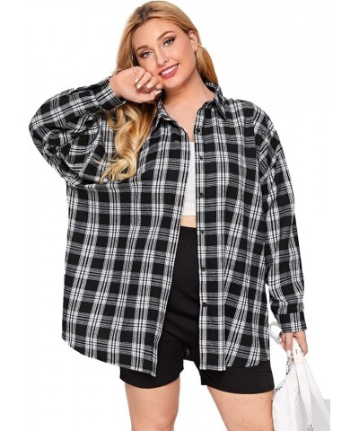 Women's Plus Drop Shoulder Curved Hem Overshirt Button Down Plaid Shirt Blouse Tops Black $8.24 Blouses