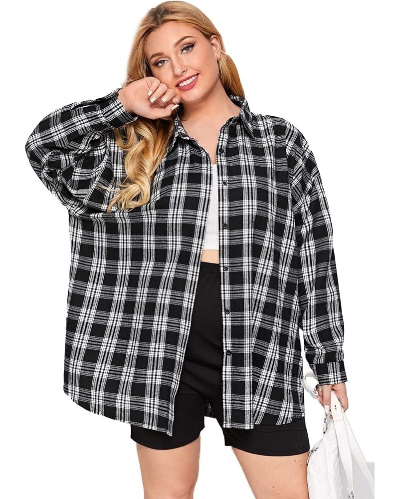 Women's Plus Drop Shoulder Curved Hem Overshirt Button Down Plaid Shirt Blouse Tops Black $8.24 Blouses