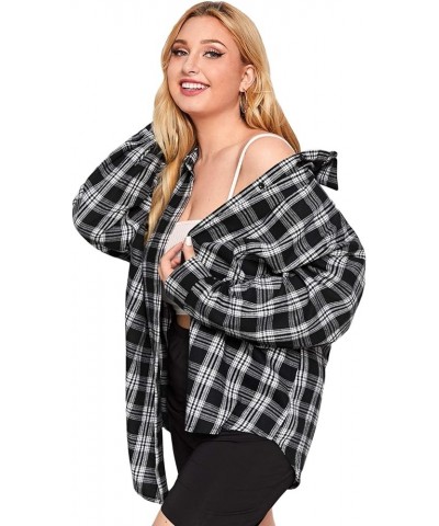 Women's Plus Drop Shoulder Curved Hem Overshirt Button Down Plaid Shirt Blouse Tops Black $8.24 Blouses