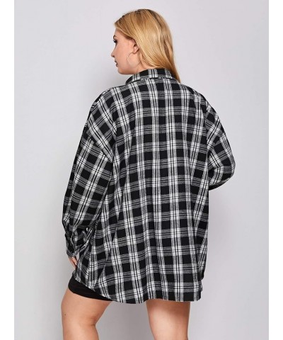 Women's Plus Drop Shoulder Curved Hem Overshirt Button Down Plaid Shirt Blouse Tops Black $8.24 Blouses