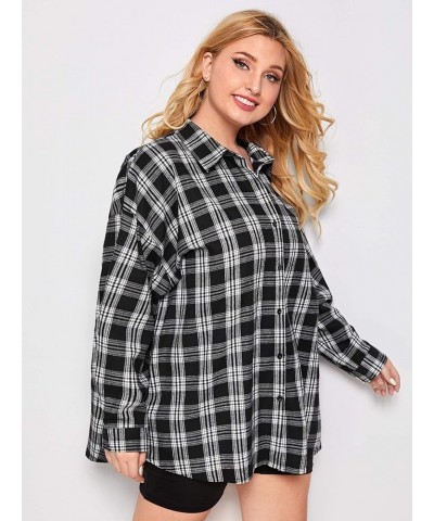 Women's Plus Drop Shoulder Curved Hem Overshirt Button Down Plaid Shirt Blouse Tops Black $8.24 Blouses