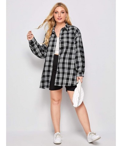 Women's Plus Drop Shoulder Curved Hem Overshirt Button Down Plaid Shirt Blouse Tops Black $8.24 Blouses