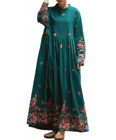 Women Long Dress Casual Maxi Dress Chinese Style with Floral Embroidery Green $36.95 Dresses