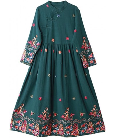 Women Long Dress Casual Maxi Dress Chinese Style with Floral Embroidery Green $36.95 Dresses