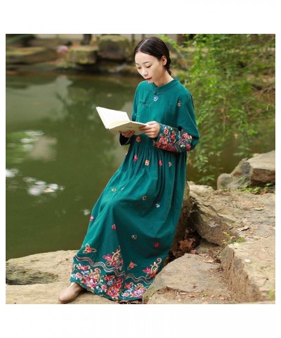 Women Long Dress Casual Maxi Dress Chinese Style with Floral Embroidery Green $36.95 Dresses