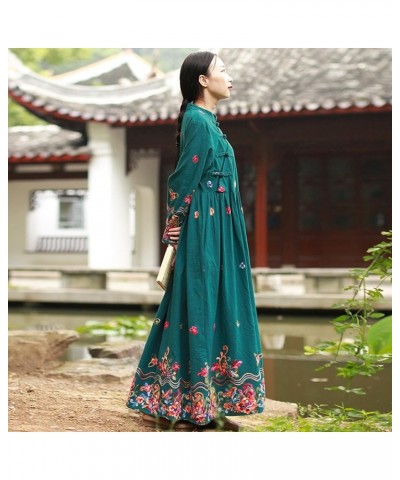 Women Long Dress Casual Maxi Dress Chinese Style with Floral Embroidery Green $36.95 Dresses