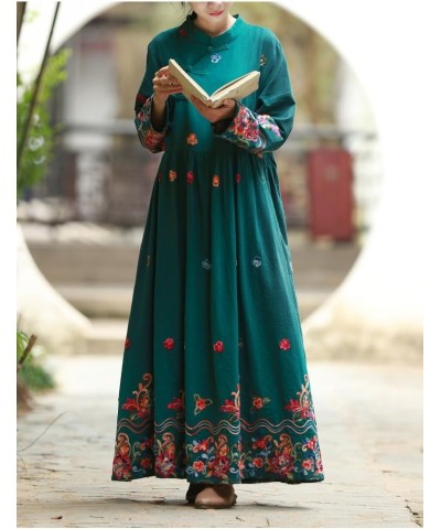 Women Long Dress Casual Maxi Dress Chinese Style with Floral Embroidery Green $36.95 Dresses