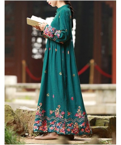 Women Long Dress Casual Maxi Dress Chinese Style with Floral Embroidery Green $36.95 Dresses