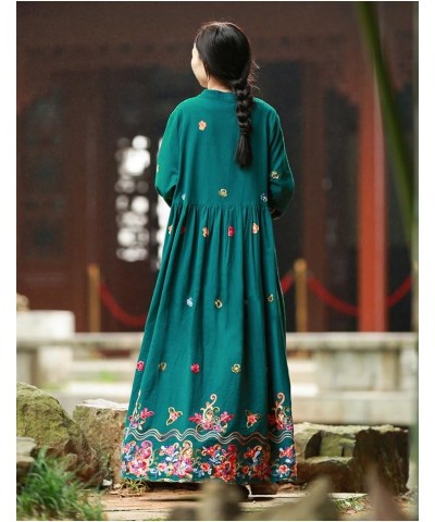 Women Long Dress Casual Maxi Dress Chinese Style with Floral Embroidery Green $36.95 Dresses