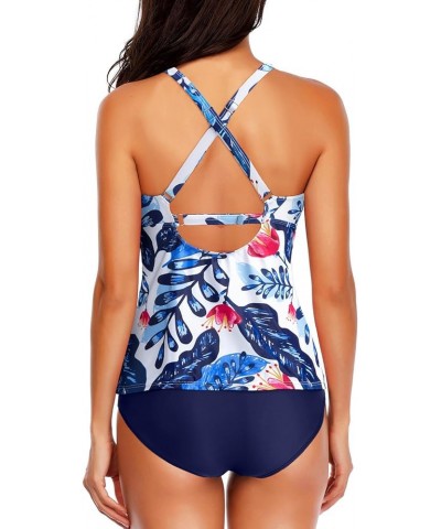 Two Piece Tankini Swimsuits for Women Tummy Control Bathing Suits High Neck Swim Top with Shorts Halter Swimwear Blue Leaf $1...