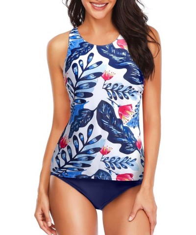 Two Piece Tankini Swimsuits for Women Tummy Control Bathing Suits High Neck Swim Top with Shorts Halter Swimwear Blue Leaf $1...