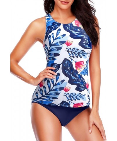 Two Piece Tankini Swimsuits for Women Tummy Control Bathing Suits High Neck Swim Top with Shorts Halter Swimwear Blue Leaf $1...