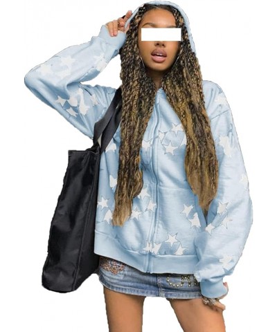 Women Star Letter Print Zip Up Hoodies Y2K Aesthetic Grunge Graphic Oversized Jackets Hip Hop Harajuku Streetwear A Blue $10....