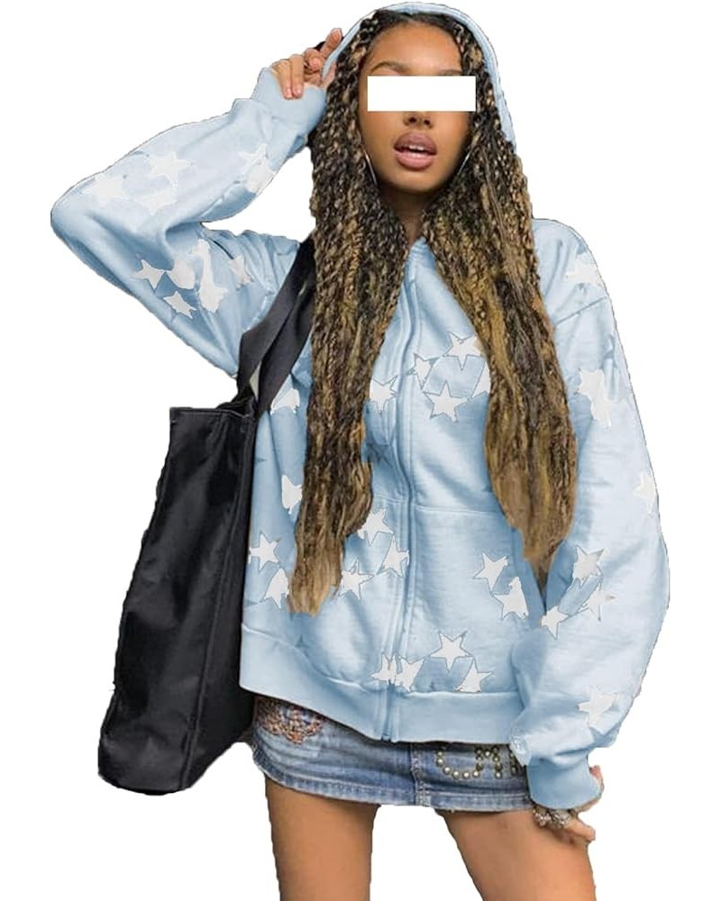 Women Star Letter Print Zip Up Hoodies Y2K Aesthetic Grunge Graphic Oversized Jackets Hip Hop Harajuku Streetwear A Blue $10....